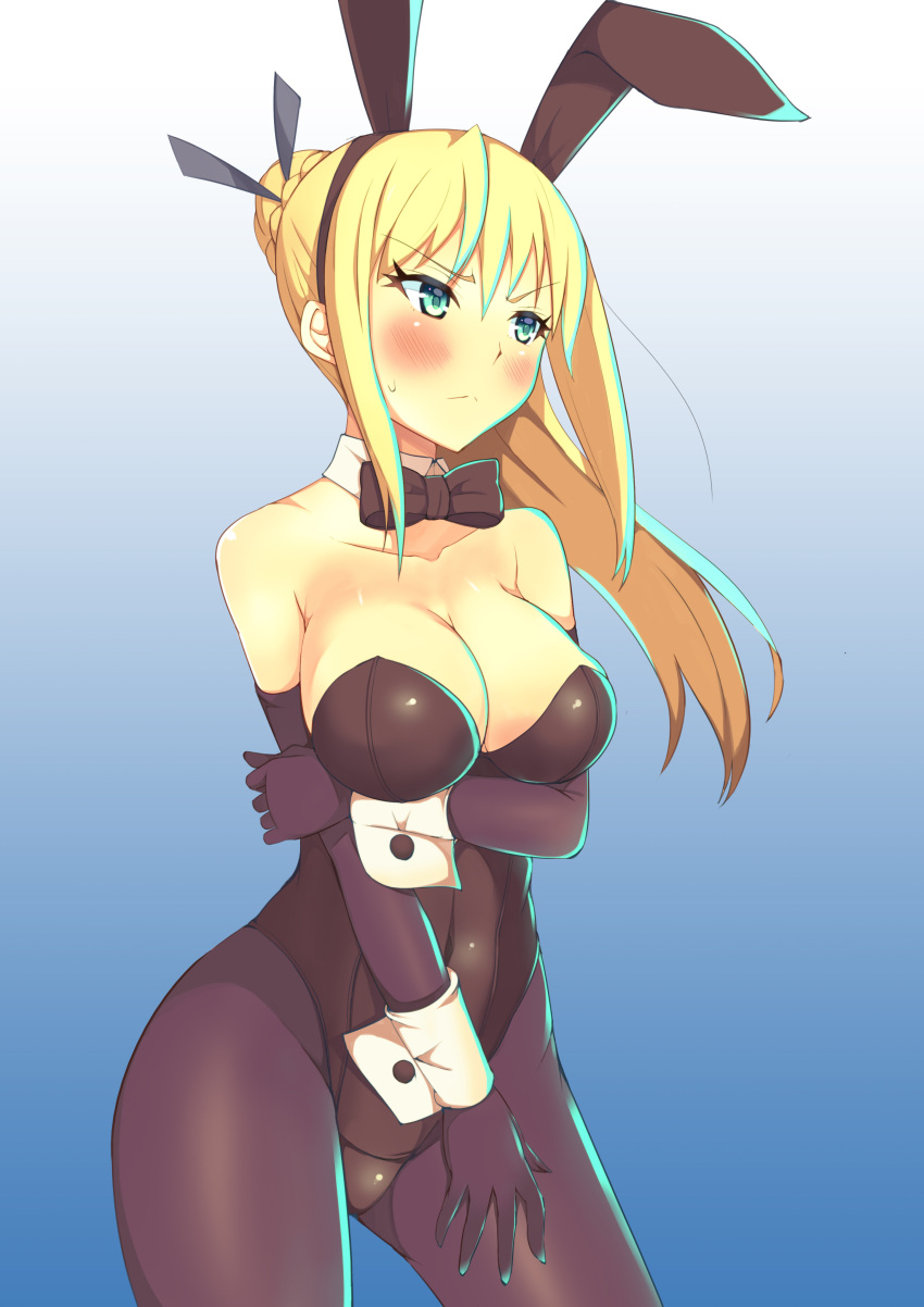 1girl, absurdres, animal_ears, blonde_hair, bowtie, bunnysuit, detached_collar, elbow_gloves