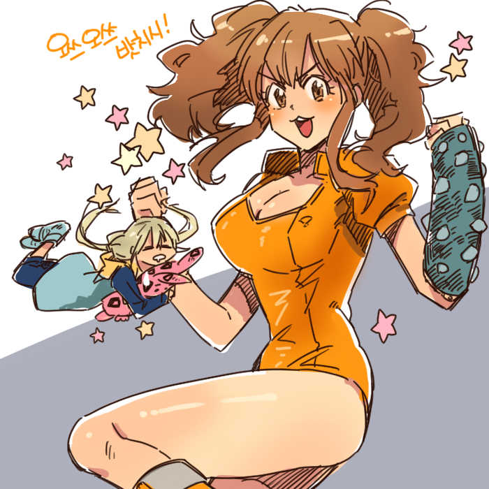 :3, blonde_hair, blush, breasts, brown_eyes, brown_hair, cleavage, closed_eyes, curly_hair, diane_(nanatsu_no_taizai), diane_(nanatsu_no_taizai)_(cosplay), drooling, futaba_anzu, gauntlets, hug, idolmaster, idolmaster_cinderella_girls, king_(nanatsu_no_taizai), king_(nanatsu_no_taizai)_(cosplay), korean, large_breasts, leotard, long_hair, maruhachi, moroboshi_kirari, nanatsu_no_taizai, object_hug, open_mouth, pose, saliva, size_difference, sleeping, smile, star, stuffed_animal, stuffed_bunny, stuffed_toy, thighs, twintails