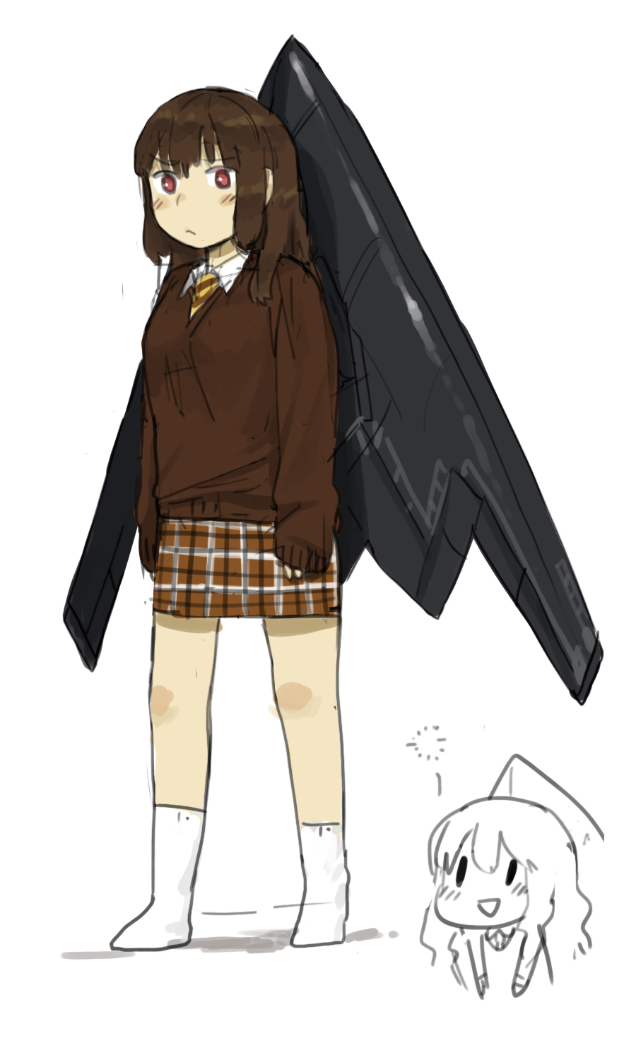 1girl, airplane, anyan_(jooho), b-2, bomber, brown_hair, highres, jet