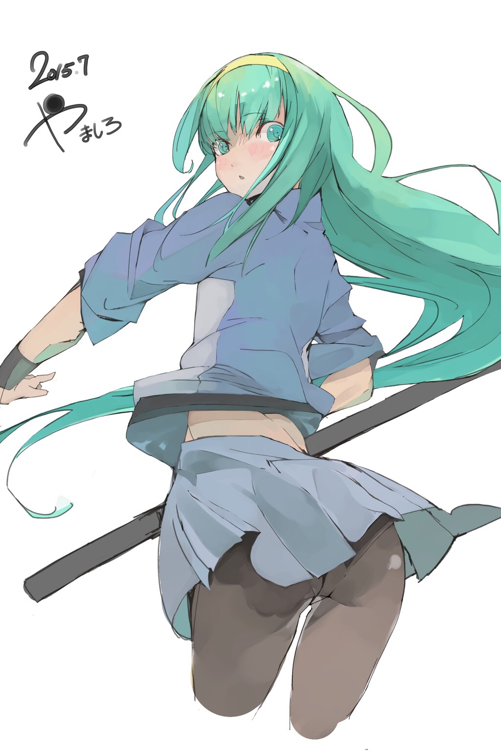 1girl, ass, blush, cropped_legs, fighting_stance, green_eyes, green_hair, hairband