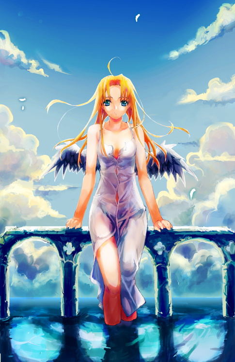 blonde_hair, cloud, clouds, dress, long_hair, mizuhara_mei, original, sundress, wet_clothes, wings