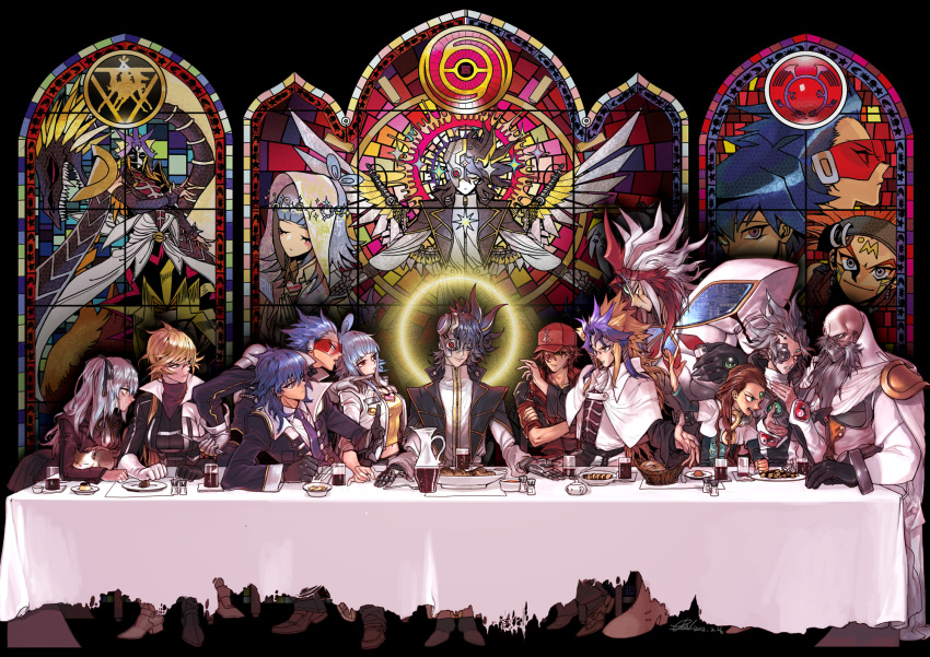3girls, 6+boys, antinomy, aporia, bruno_(yuu-gi-ou_5d's), crow_hogan, dragon, drink, everyone, fine_art_parody, food, halo, highres, jose_(yuu-gi-ou_5d's), konami-kun, lucciano, mechanical_wings, misaki_(yuu-gi-ou), multiple_boys, multiple_girls, paradox_(yuu-gi-ou), parody, pigeon666, placido, rain_megumi, sherry_leblanc, smile, stained_glass, table, the_last_supper, wings, yuu-gi-ou, yuu-gi-ou_5d's, z-one