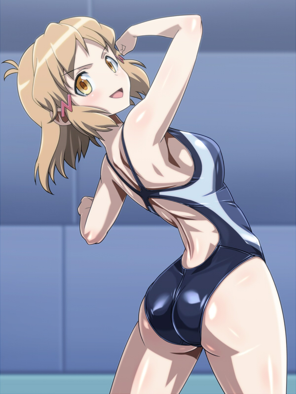 1girl, ass, back, blush, breasts, brown_eyes, brown_hair, competition_swimsuit