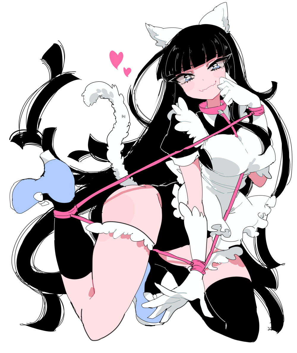 1girl, aano_(10bit), animal_ears, apron, black_hair, black_legwear, blue_eyes, bound_wrists