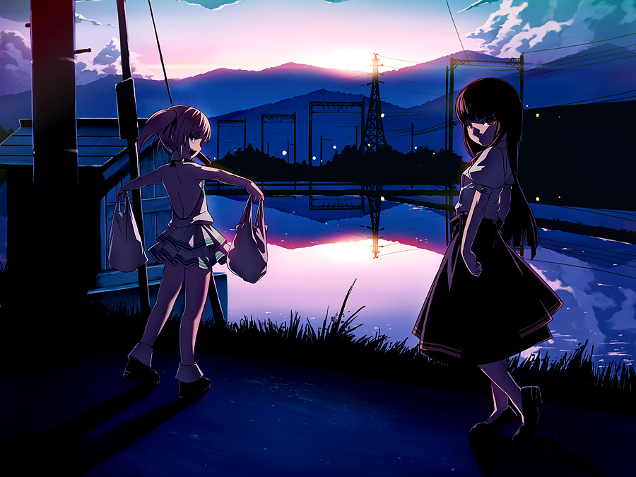 hitokata_no_ou, isuzu_satsuki, kuroba_nao, long_hair, mountain, scenery, shopping_bag, short_twintails