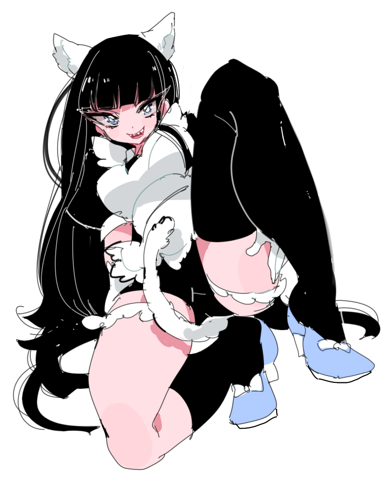 1girl, :d, aano_(10bit), animal_ears, apron, black_hair, black_legwear, blue_eyes
