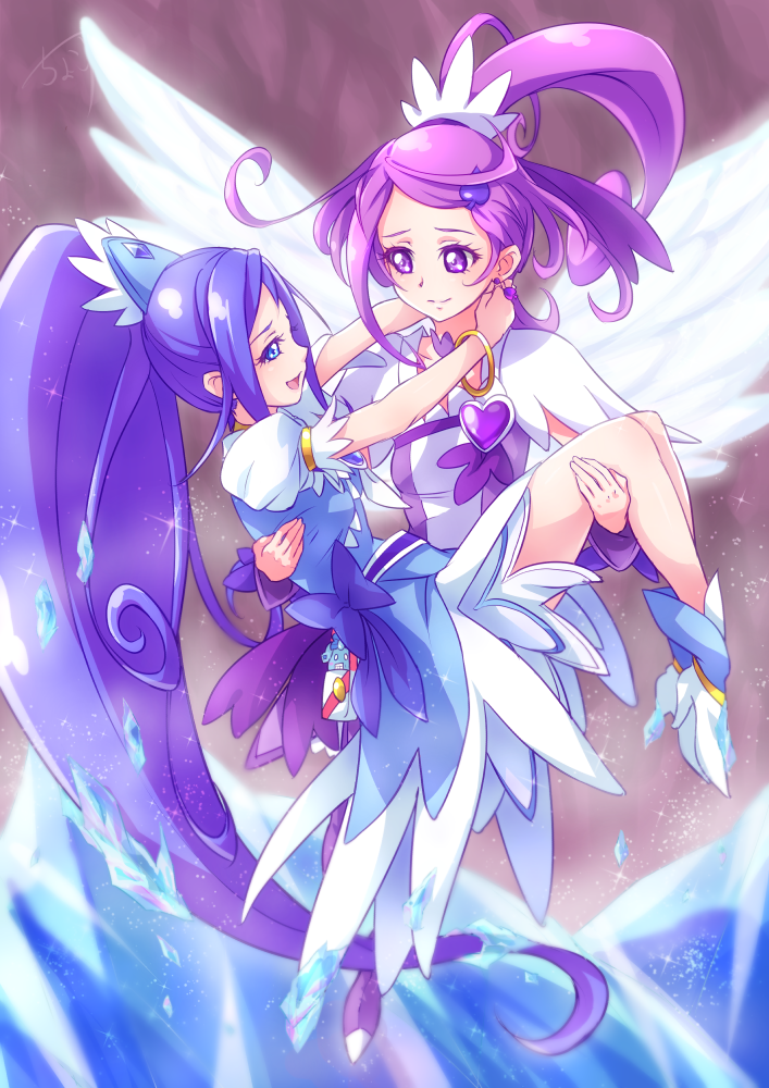 2girls, ahoge, angel_wings, asymmetrical_clothes, big_hair, blue_dress, blue_eyes, blue_hair