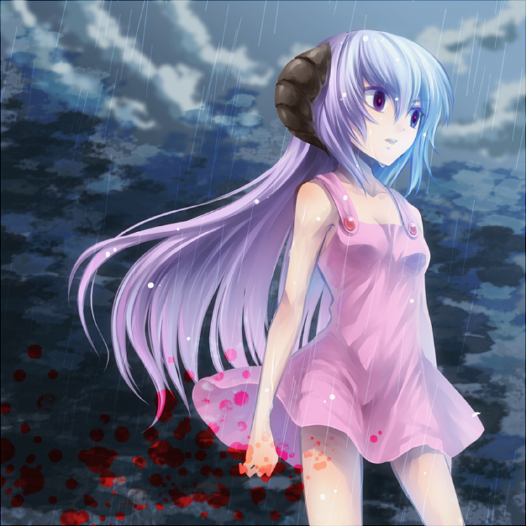 1girl, dress, hanyuu, higurashi_no_naku_koro_ni, horns, lavender_hair, long_hair, ourin, rain, sundress