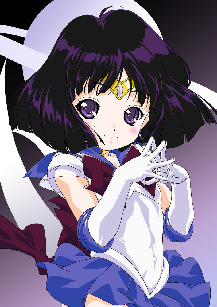 1girl, bishoujo_senshi_sailor_moon, black_hair, bob_cut, bow, choker, elbow_gloves, gloves
