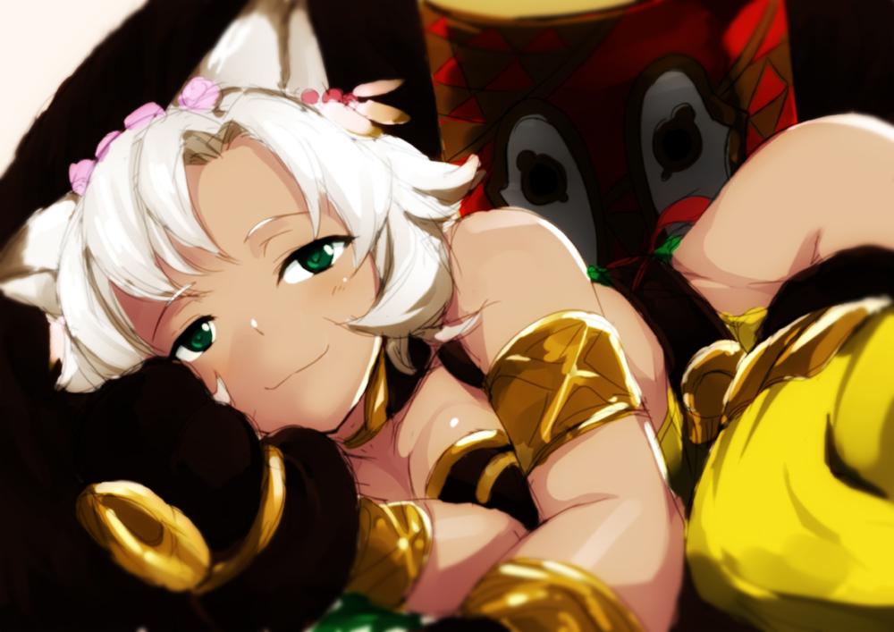 1girl, animal_ears, blush, breasts, cat_ears, dark_skin, flower, granblue_fantasy
