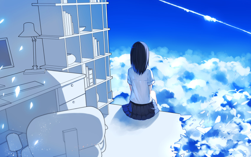 1girl, black_hair, book, chair, clouds, condensation_trail, desk, floor