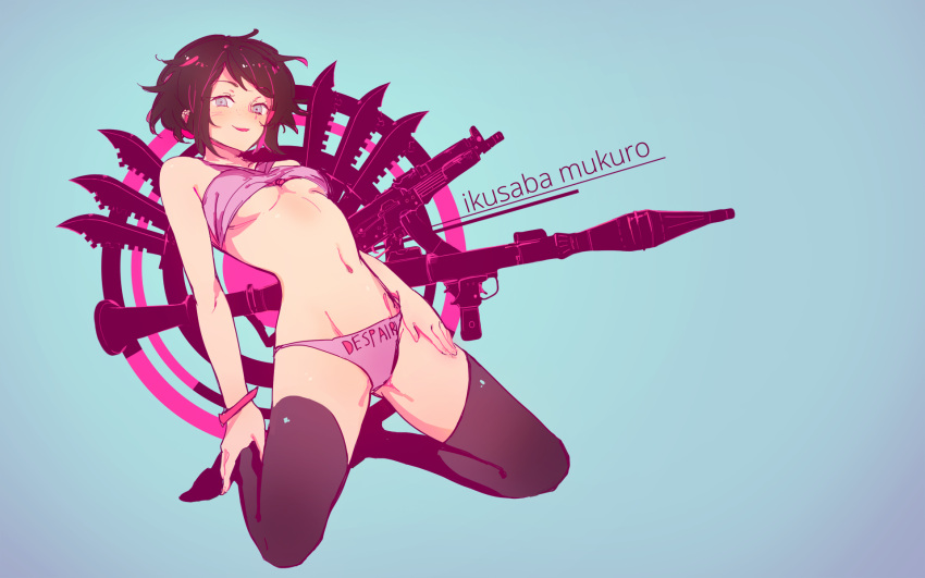 1girl, bikini, black_hair, black_legwear, blue_eyes, bracelet, character_name, dangan_ronpa