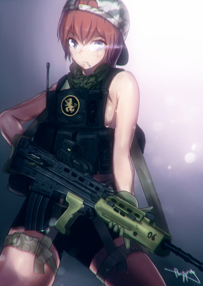 1girl, assault_rifle, backlighting, backwards_hat, bike_shorts, breasts, brown_hair, bullpup