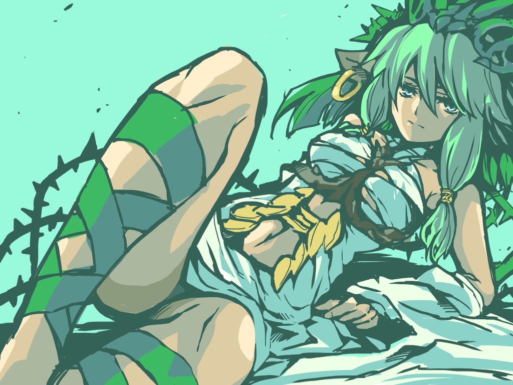 1girl, animal_ears, aqua_background, blue_eyes, ceres_(p&amp;d), dress, earrings, green_hair