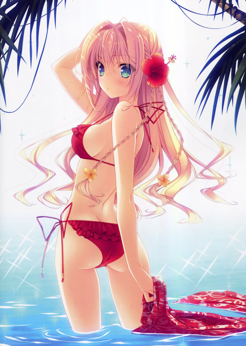 1girl, absurdres, bikini, blonde_hair, blue_eyes, breasts, est_gealach_arnotts, flower