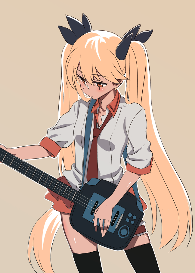 1girl, blonde_hair, blush, glasses, guitar, instrument, long_hair, ningen_(ningen96)