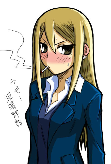 blonde_hair, blush, cigarette, earrings, embarrassed, jewelry, onani_master_kurosawa, onanie_master_kurosawa