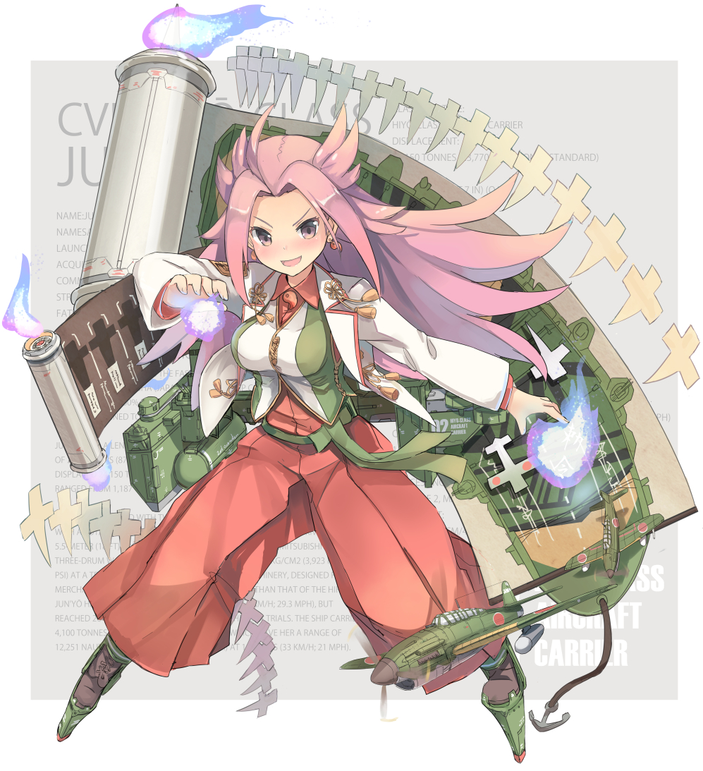1girl, :d, a6m_zero, aircraft, blush, character_name, dress_shirt, earrings