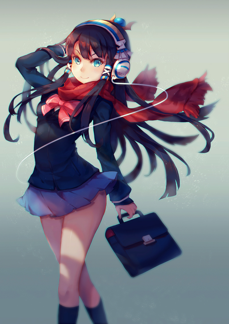 1girl, arm_behind_head, bag, blue_skirt, bow, hair_tubes, handbag, headphones