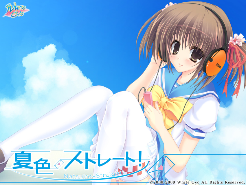 blush, brown_eyes, brown_hair, headphones, hirakawa_rin, natsuiro_straight, seifuku, short_hair