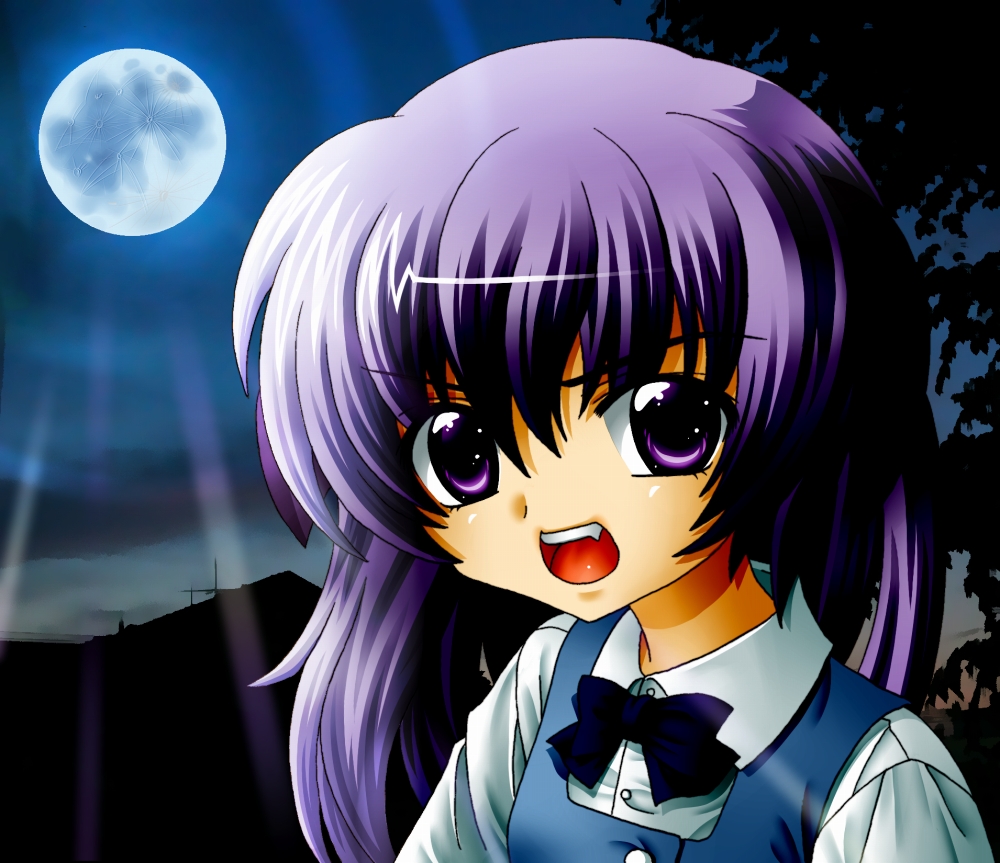 1girl, bowtie, full_moon, hanyuu, higurashi_no_naku_koro_ni, horns, long_hair, moon