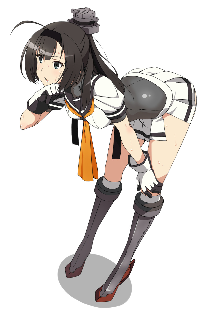 1girl, ahoge, akitetsu, akizuki_(kantai_collection), bent_over, black_hair, corset, full_body