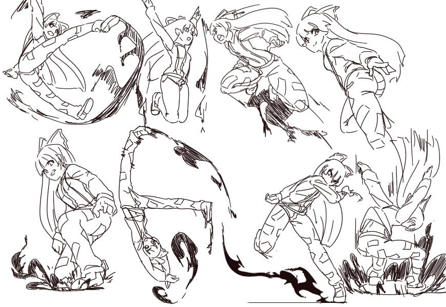 arms_up, ass, backflip, bow, capoeira, fire, fujiwara_no_mokou, high_kick, jumping, kicking, kneeling, long_hair, mashitono_desu, monochrome, open_mouth, smile, stomping, suspenders, touhou
