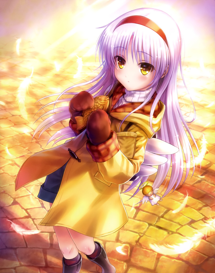 1girl, absurdres, angel_beats!, backpack, bag, coat, company_connection, cosplay, denim, denim_shorts, food, goto_p, hairband, highres, kanon, key_(company), long_hair, mittens, shorts, silver_hair, taiyaki, tachibana_kanade, tsukimiya_ayu, tsukimiya_ayu_(cosplay), wagashi, wings, yellow_eyes