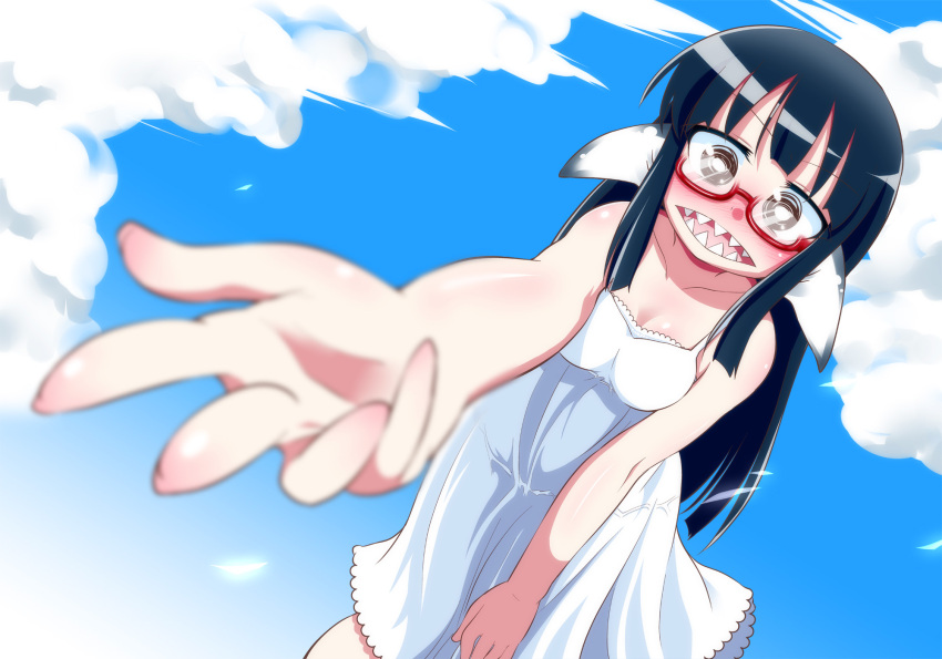 1girl, bare_shoulders, bent_over, black_hair, blush, breasts, cleavage, clouds