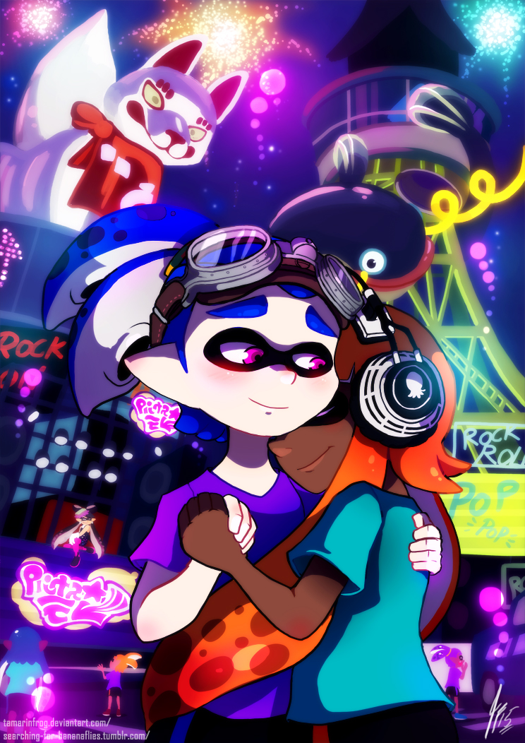 animal_humanoid, anthro, aori_(splatoon), arm_around_shoulder, blue_hair, blush, callie_(splatoon), cephalopod