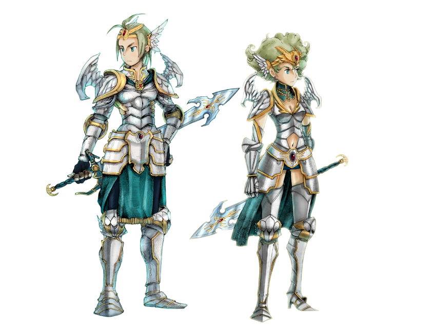blue_eyes, boots, breasts, circlet, cleavage, curly_hair, dragon_quest, dragon_quest_iv, final_fantasy, final_fantasy_tactics, gauntlets, green_hair, head_wings, headwings, hero_(dq4), heroine_(dq4), manmaru-sue, parody, short_hair, style_parody, sword, weapon