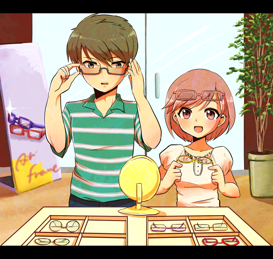 adjusting_glasses, bambi_(tokimeki_memorial_girl's_side_3rd_story), brown_hair, door, glass_door, glasses, glasses_on_head, green_eyes