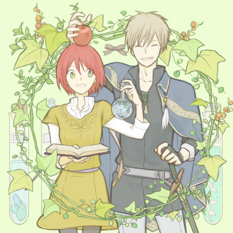 1boy, 1girl, :d, akagami_no_shirayukihime, apple, beaker, book, cape, closed_eyes, fingerless_gloves, food, food_on_head, fruit, gloves, green_eyes, object_on_head, open_mouth, pants, redhead, sheath, sheathed, shirayuki_(akagami_no_shirayukihime), shiroku, short_hair, silver_hair, smile, sword, weapon, zen_wistalia