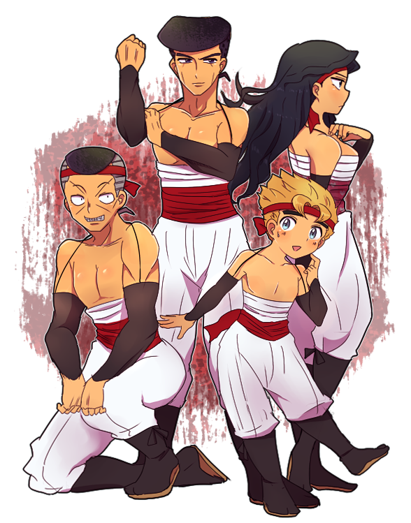 black_eyes, black_hair, blonde_hair, blue_eyes, boots, detached_sleeves, headband, height_difference, higashikata_jousuke, hirose_kouichi, jojo_no_kimyou_na_bouken, kneeling, long_hair, nijimura_okuyasu, pompadour, yamagishi_yukako, yamayu_(razikuro)
