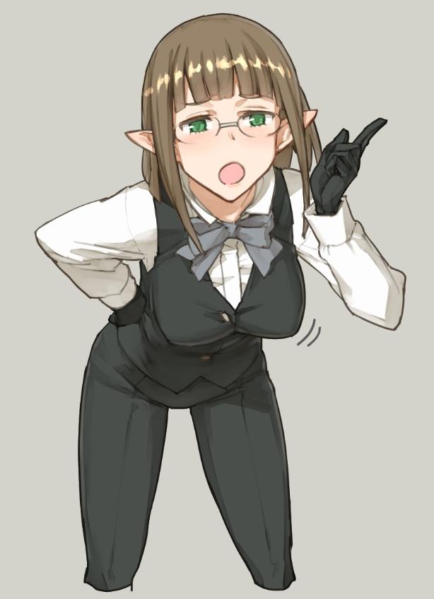 1girl, :o, black_gloves, breasts, brown_hair, commentary_request, cowboy_shot, cropped_legs