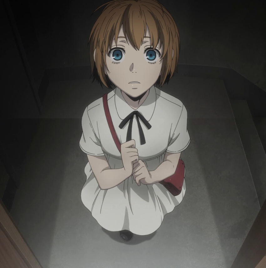 1girl, bag, blue_eyes, brown_hair, dress, gangsta, high_resolution, highres, looking_at_viewer, nina_(gangsta), pov, screencap, short_hair, shoulder_bag, solo