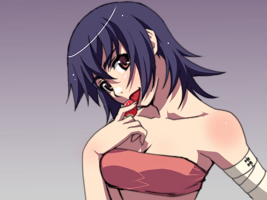 1girl, :p, bakemonogatari, bandaged_arm, bare_shoulders, black_hair, breasts, brown_eyes, cleavage, collarbone, food, fruit, kanbaru_suruga, licking, monogatari_(series), pocho, solo, strapless, strawberry, tongue, tongue_out, tubetop, upper_body
