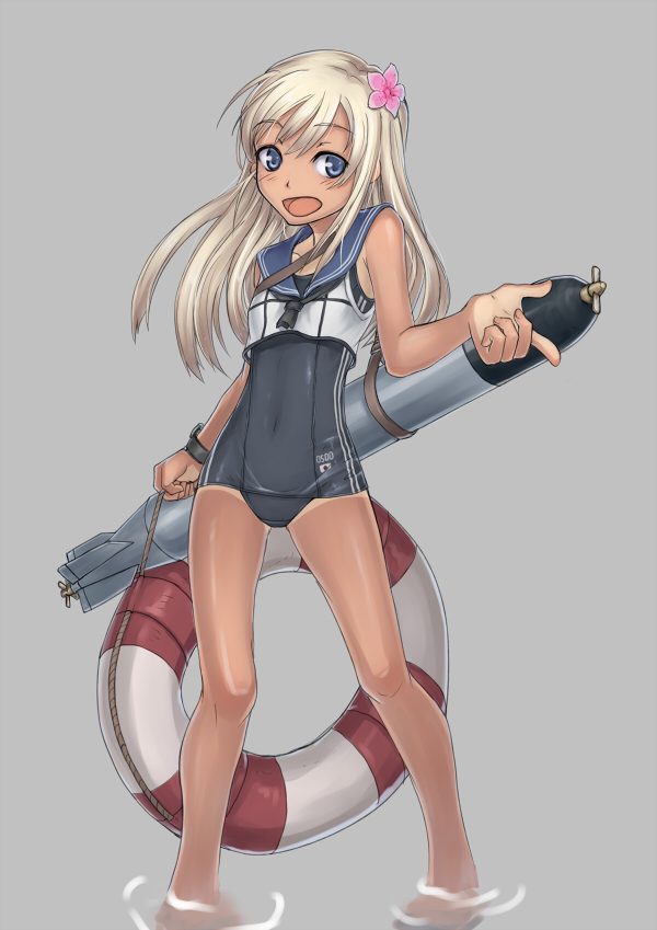 1girl, blonde_hair, blue_eyes, crop_top, flower, hair_flower, hair_ornament, kantai_collection