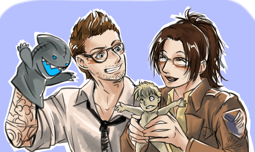 1boy, 1girl, absurdres, brown_hair, crossover, doll, glasses, hand_puppet