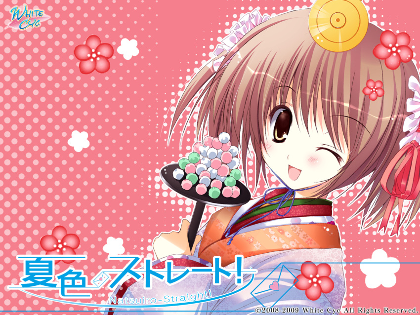 brown_eyes, brown_hair, hirakawa_rin, japanese_clothes, kimono, natsuiro_straight, short_hair, wink