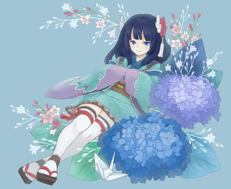 1girl, black_hair, blue_background, blue_eyes, flower, hair_flower, hair_ornament, japanese_clothes