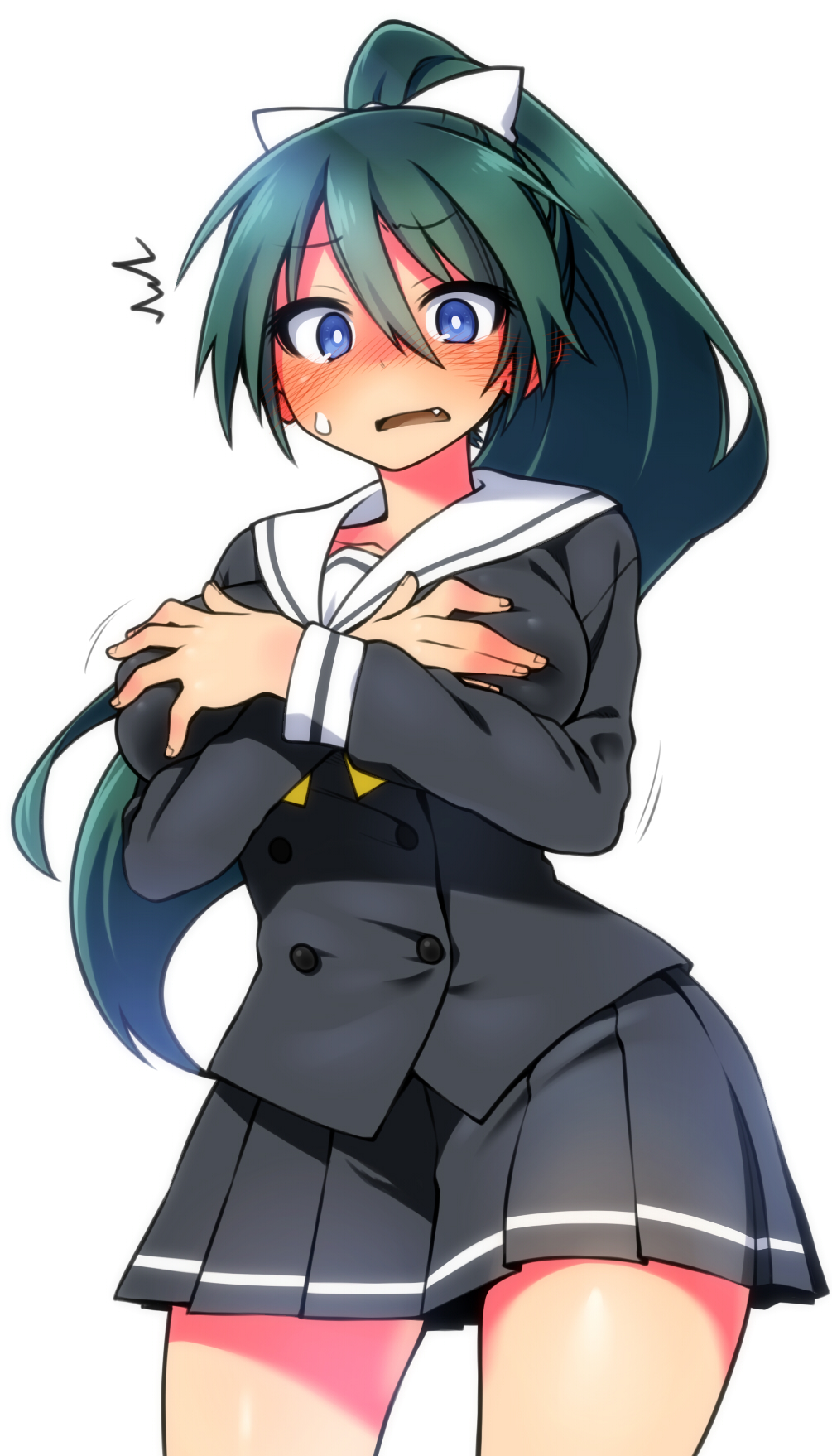 /\/\/\, 1girl, blue_eyes, blush, breasts, chankodining_waka, ear_blush, fang