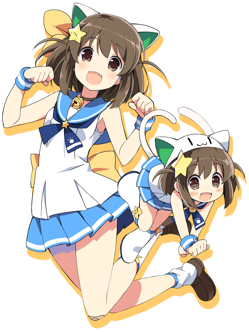 :d, animal_ears, bandaid, bandaid_on_knee, bell, blush, brown_eyes, brown_hair