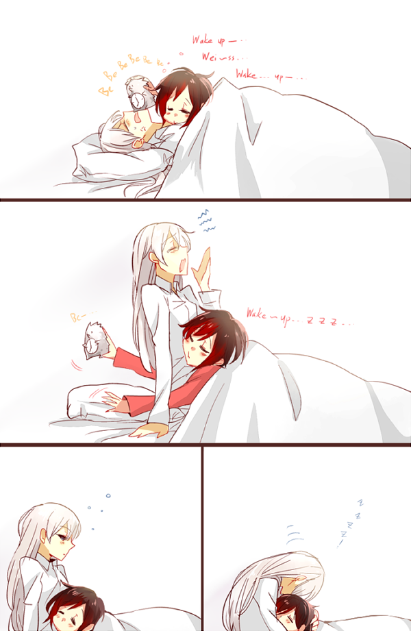 2girls, alarm_clock, anger_vein, clock, closed_eyes, english, kuma_(bloodycolor), multiple_girls