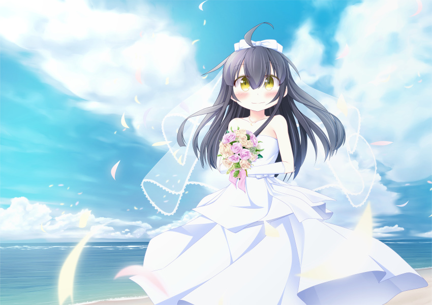 1girl, anthropomorphization, beach, black_hair, blush, bouquet, closed_mouth, dress