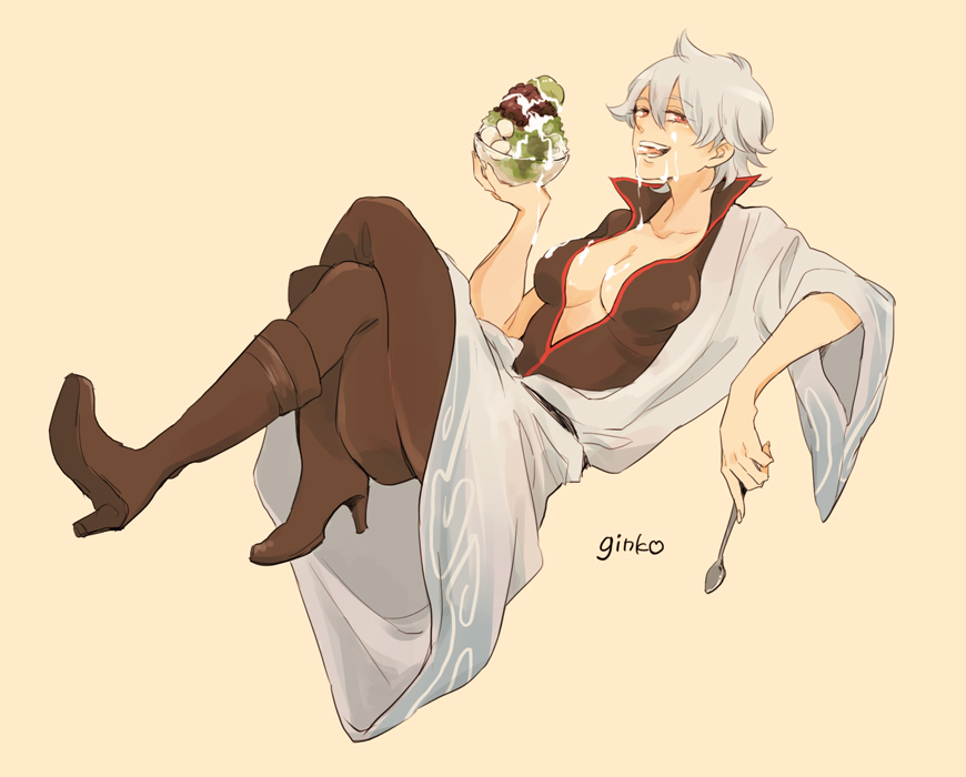 breasts, character_name, cleavage, dekoboko_arc, female, genderswap, ginko_(gin_tama), gintama, pixiv_id_1369387, sakata_gintoki, short_hair, solo, text, tongue, traditional_clothes, wafuku, white_hair
