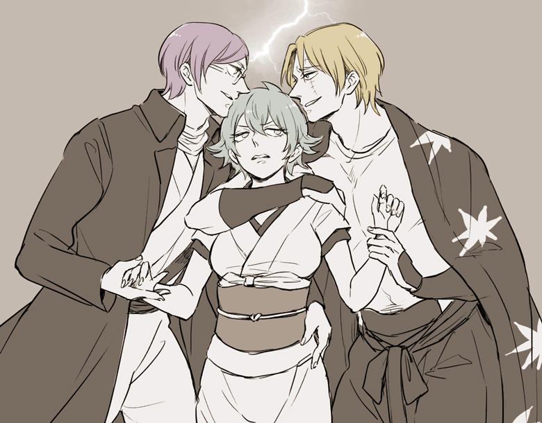 blonde, dekoboko_arc, female, genderswap, ginko_(gin_tama), gintama, holding_hands, long_hair, male, glasses, monochrome, pixiv_id_1369387, purple_hair, sakata_gintoki, sarutobi_ayame, scar, short_hair, spot_color, trio, tsukuyo, white_hair