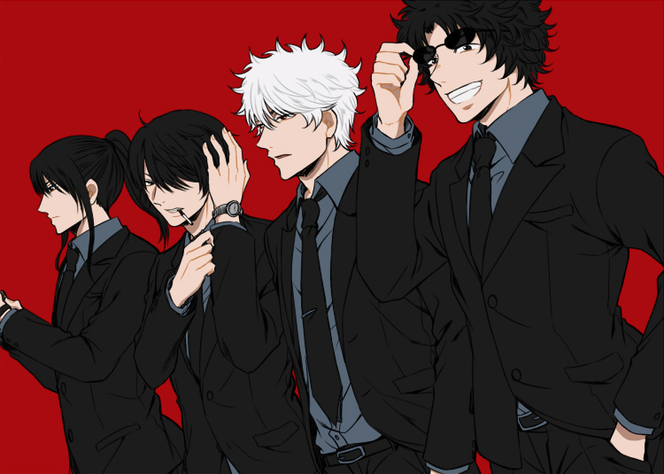 4boys, alternative_costume, black_hair, brown_hair, cigarette, formal, gintama, grin