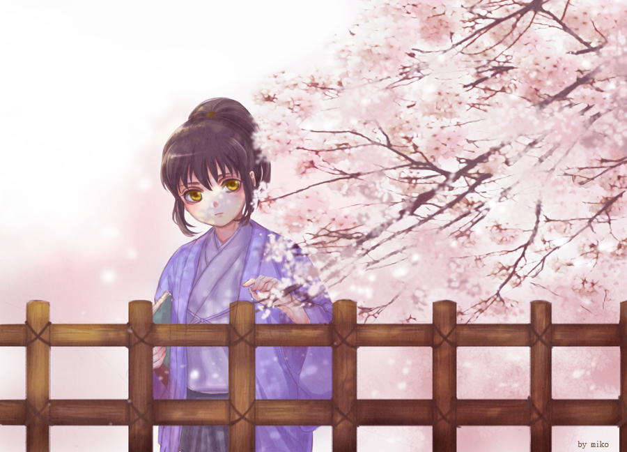 alternative_age, amber_eyes, black_hair, cherry_blossom, child, flower, gintama, high_ponytail