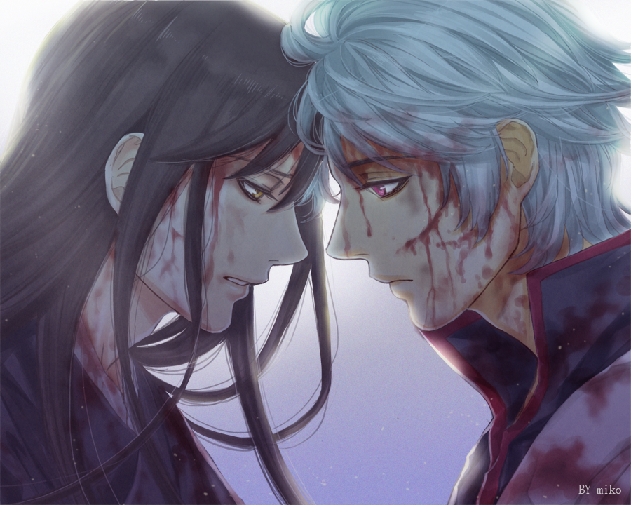 2boys, 5:4_aspect_ratio, black_hair, blood, blood_on_face, duo, gintama, injury
